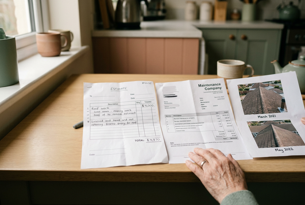 A printed roof estimate beside dated roof photos and a maintenance invoice on a kitchen table.