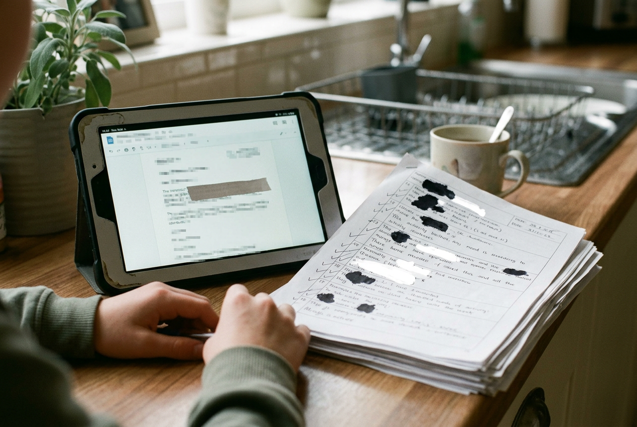 A school tablet beside a printed activity log showing redacted transcription entries on a kitchen table.