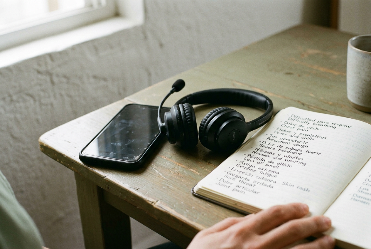 A translation headset, work phone and open notebook on a home health aide’s table.