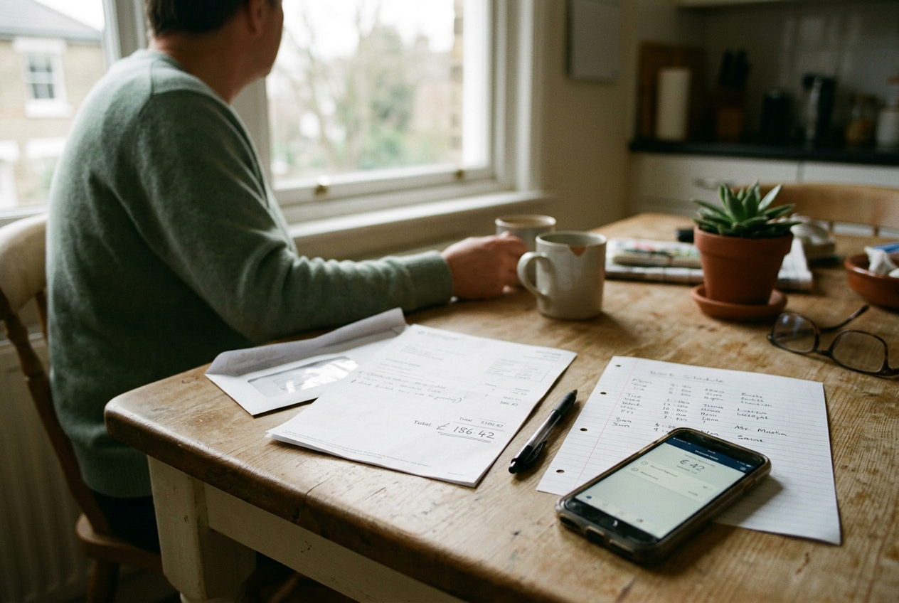 A $186.42 electric bill beside a phone showing $42 available from a wage-advance app.