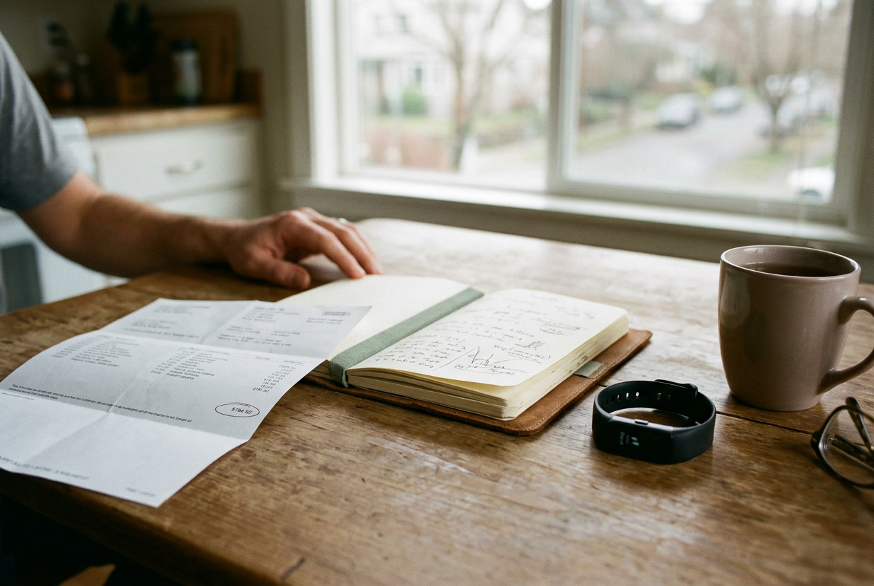 A pay stub showing a $184.62 insurance deduction beside a wearable and a notebook used to track physical therapy.