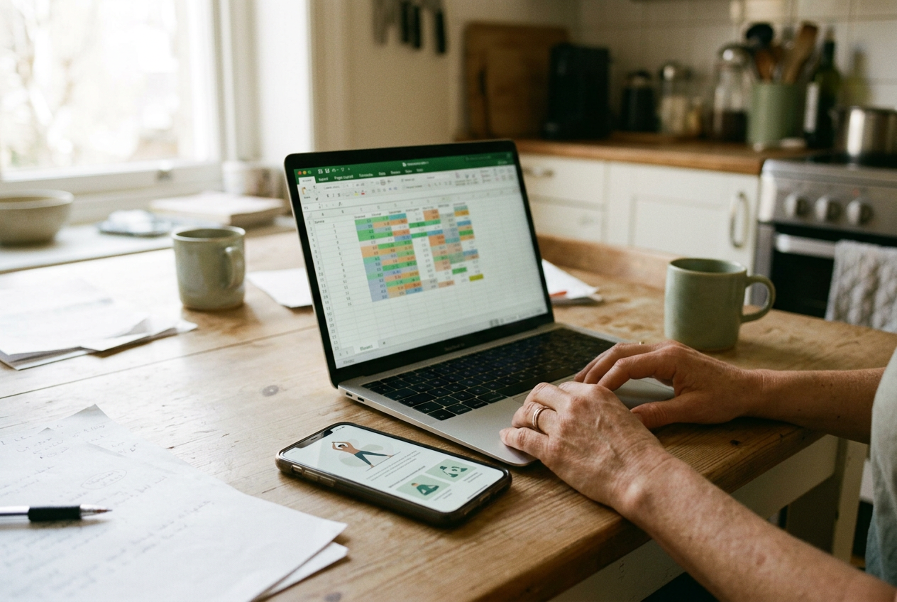 A laptop spreadsheet beside a phone displaying generic health recommendations on a kitchen table.
