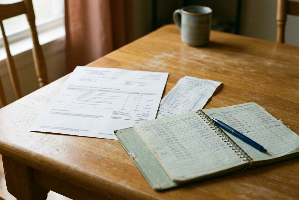 A clinic bill showing payment figures beside a checking account notebook on a kitchen table.