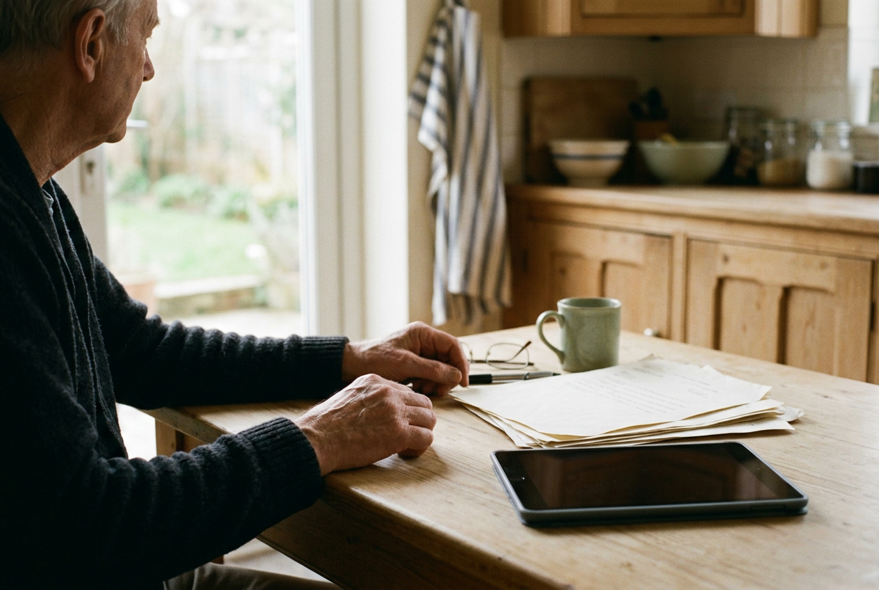 A weekly activity report rests beside a tablet on a retired man’s kitchen table.