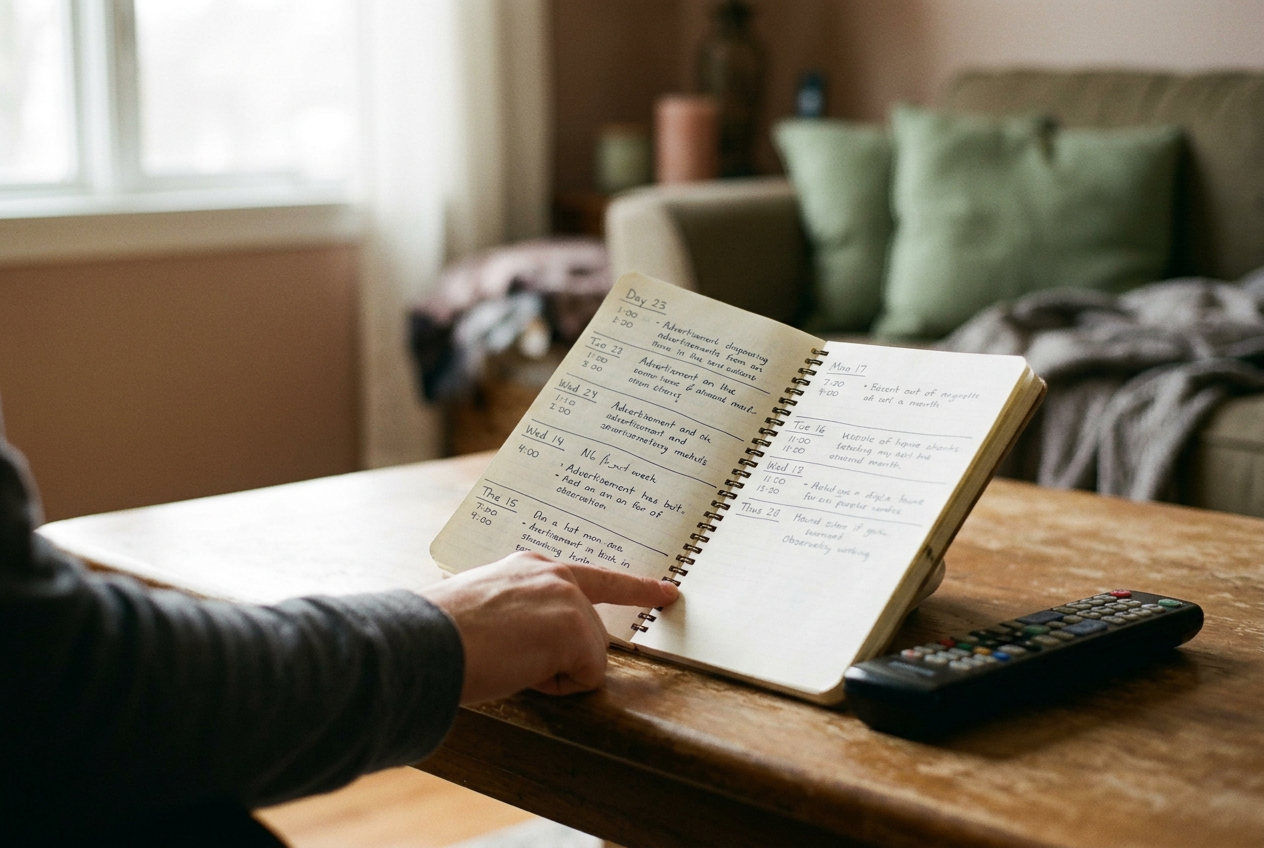 A notebook beside a television remote records recovery ads seen on shared household screens.