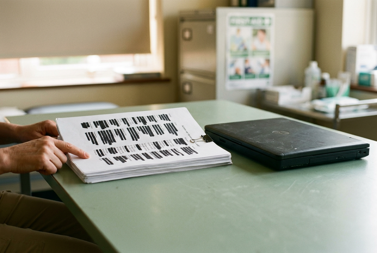A printed chatbot access log beside a closed laptop on a school nurse's worktable, with student details covered.