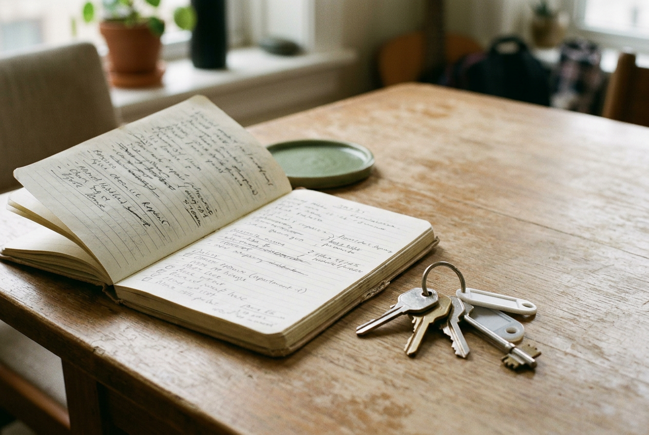 A notebook open to repair notes beside apartment keys on a table.