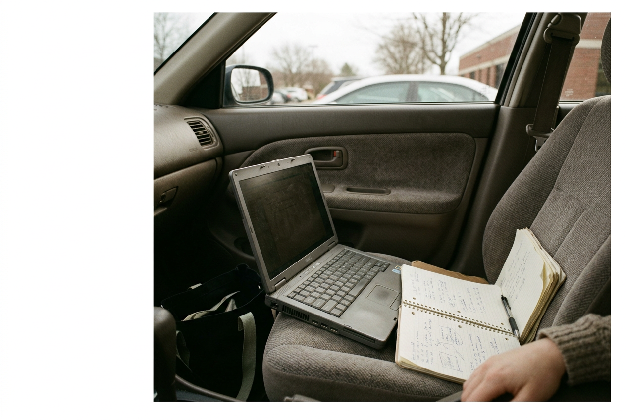 A laptop and science notebook on a car passenger seat outside a closed public library.