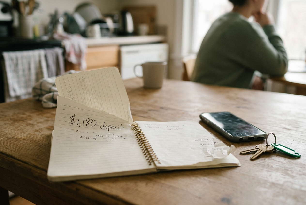 A notebook open beside a phone and apartment keys on a kitchen table.
