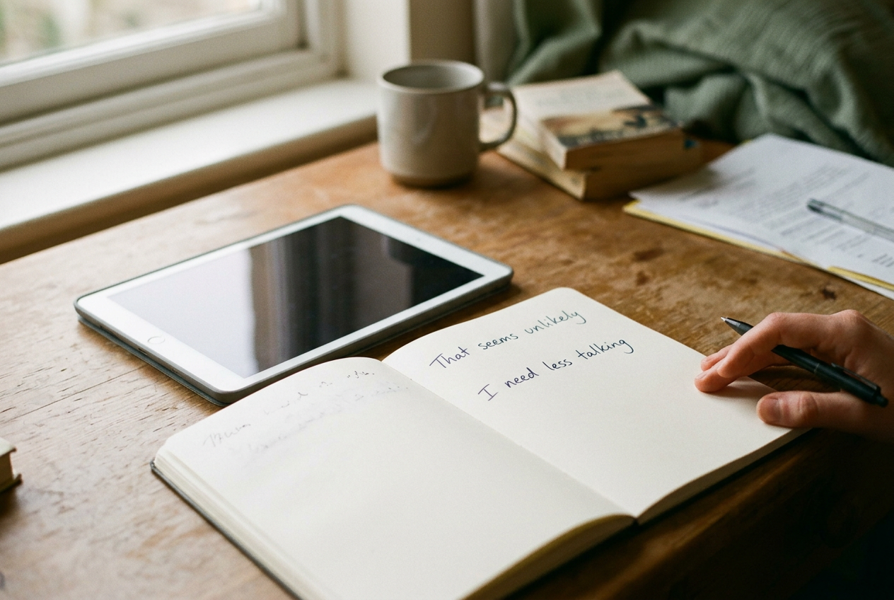 A communication tablet beside an open notebook containing saved phrases and preference marks.