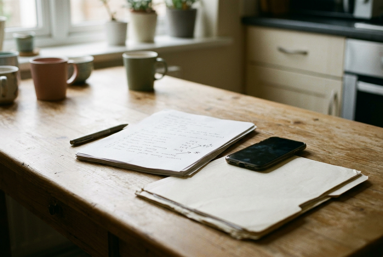 A printed symptom summary with a handwritten note rests beside a phone and folder on a kitchen table.