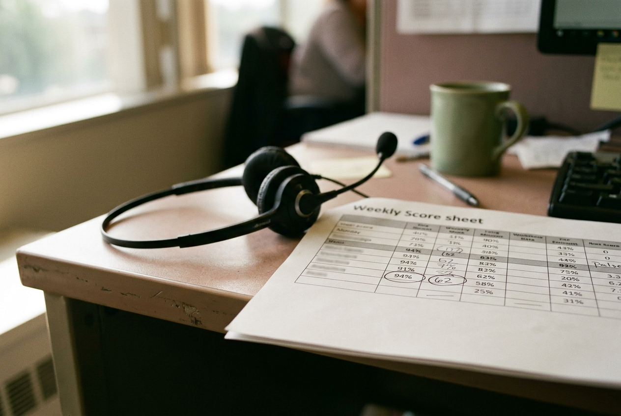 A printed performance sheet beside a call center headset, with a low warmth score circled.