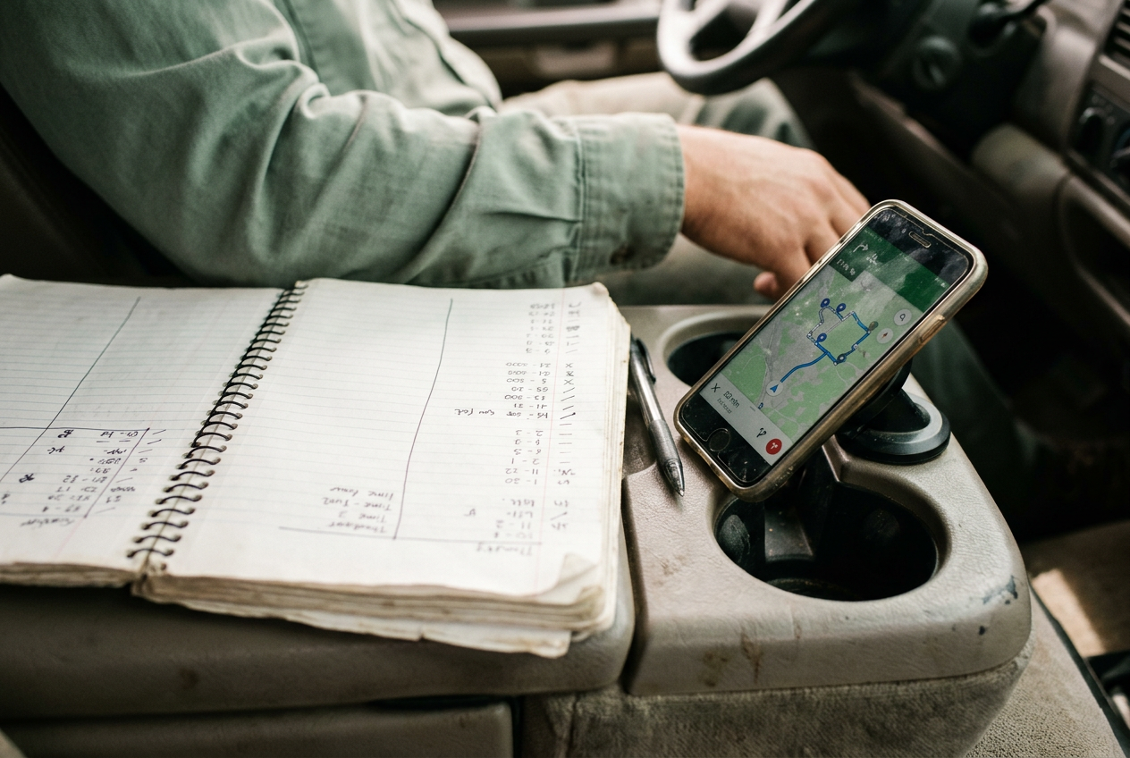 A notebook beside a phone displaying a landscaping route inside a parked work truck.