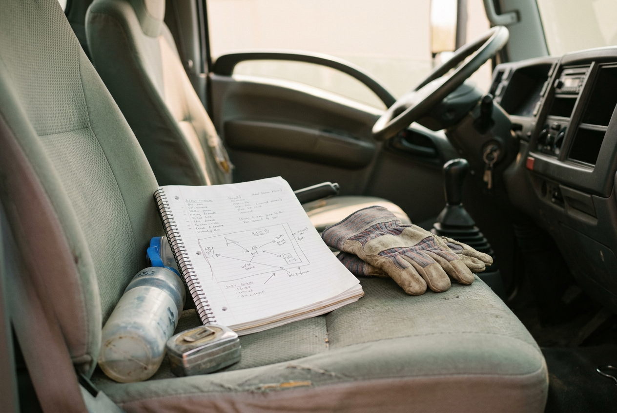 A landscaping route notebook beside work gloves and water bottles inside a parked truck.