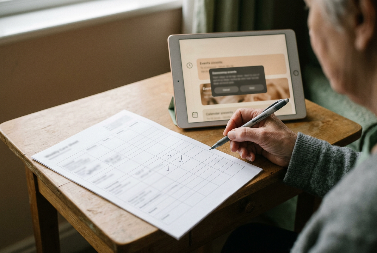 A printed weekly care sheet beside a tablet with calendar previews hidden.