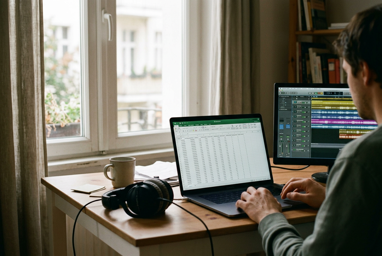 A laptop showing a royalty spreadsheet beside headphones and an audio editing session.