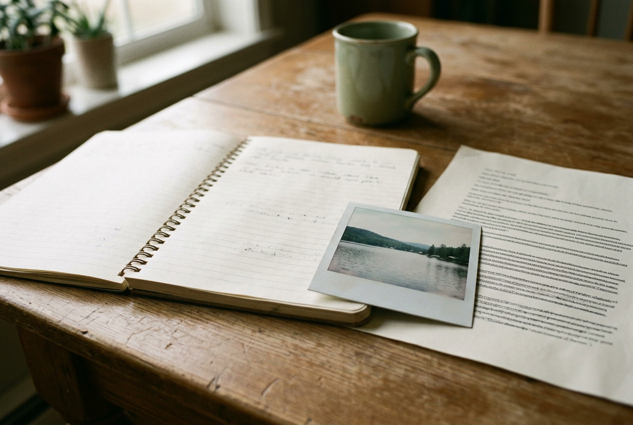 A notebook beside a family photograph and typed captions on a dining table.