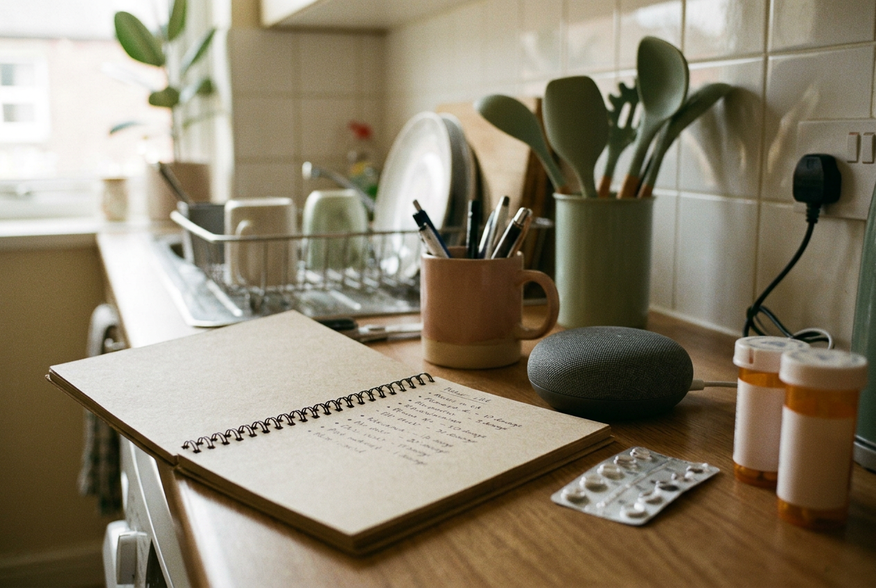 A conversational speaker beside an open caregiver notebook on a kitchen counter.