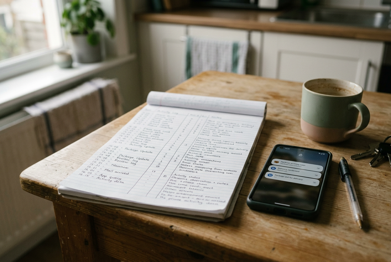 A resident holds a printed camera activity log beside a phone showing package notifications.