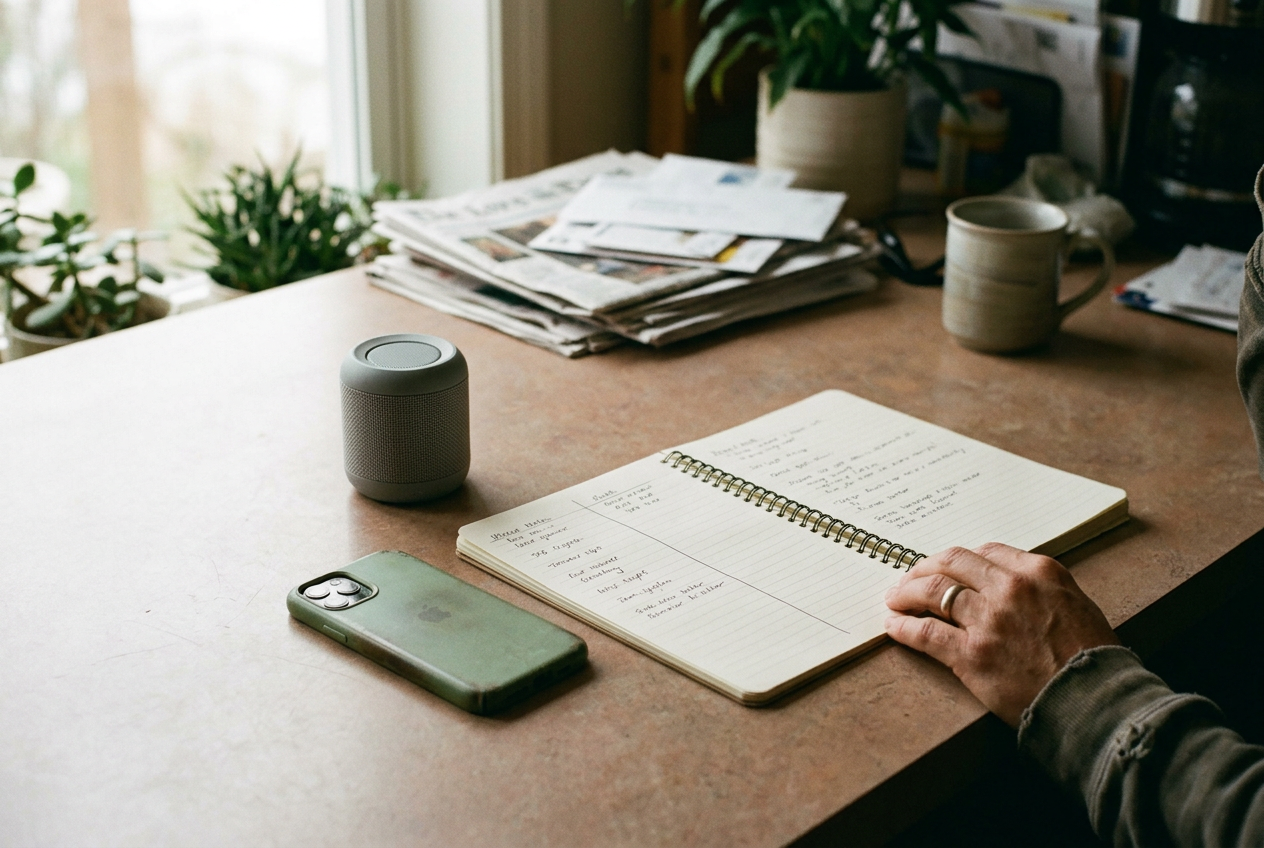 A notebook, phone and small speaker on a kitchen table beside a handwritten list of audio files.
