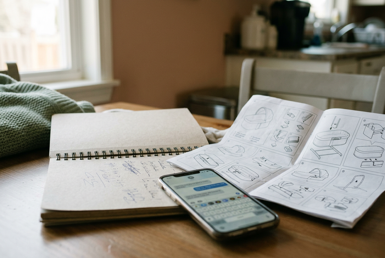 A notebook open beside a phone and bassinet instructions on a kitchen table.