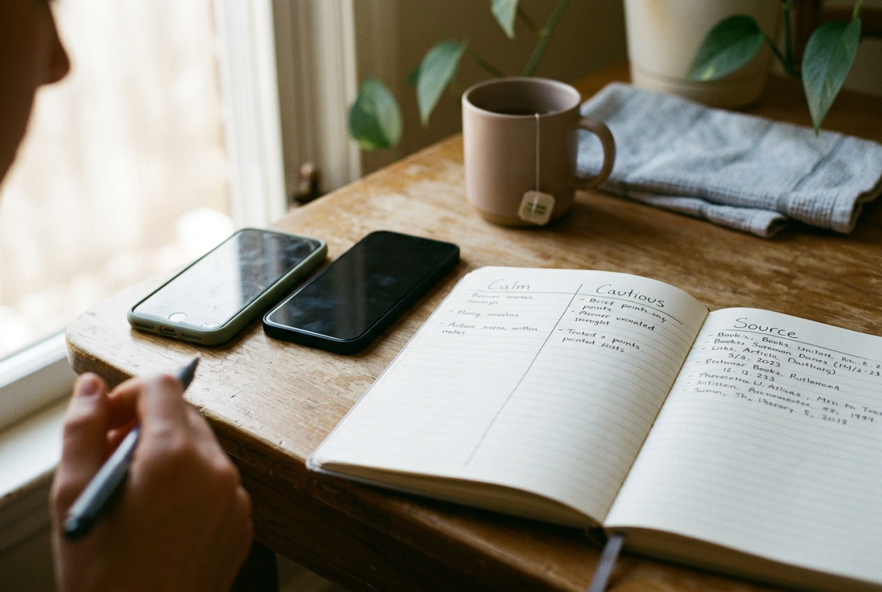 A notebook open to columns labeled Calm, Cautious, and Source beside two phones on a kitchen table.